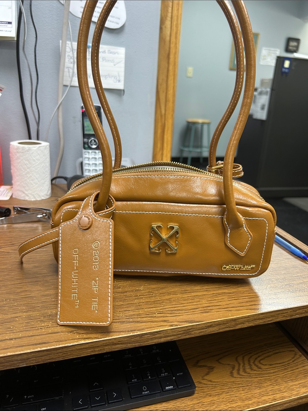 Off-White Caramel Tan Leather Shoulder Bag with Gold Hardware